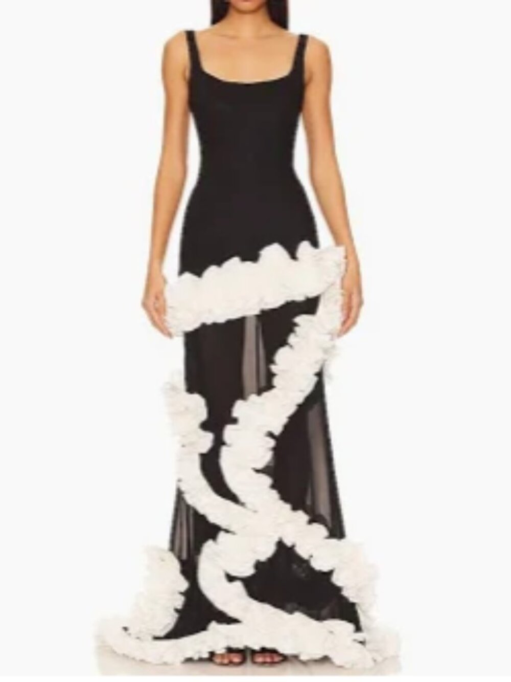 Wisteria Gown in Black with dramatic white ruffle